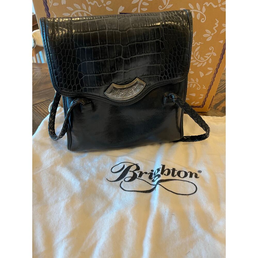 Vintage Brighton Black Crocodile Embossed Leather Shoulder Bag Purse Y2K Dainty